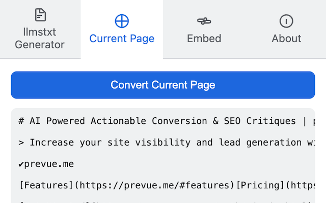 A screenshot of the extension's popup confirming the conversion is complete and the Markdown text has been copied to the clipboard.