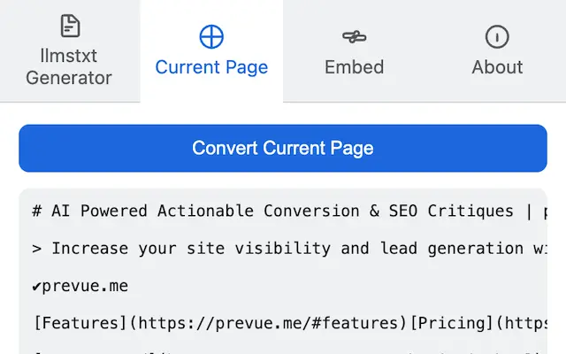 A screenshot of the extension's popup confirming the conversion is complete and the Markdown text has been copied to the clipboard.