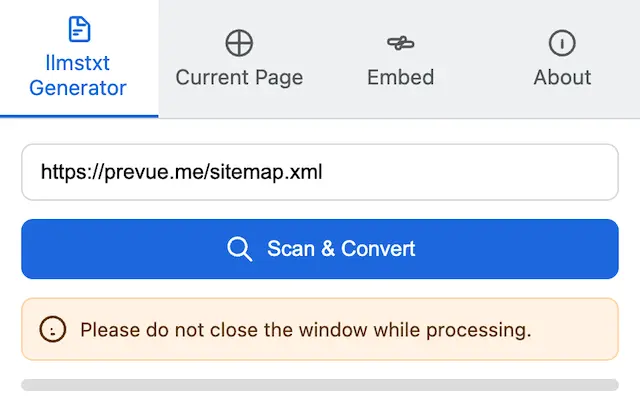 A screenshot showing the Chrome extension's popup menu, with a large button that reads 'Get LLM-Ready Text'.