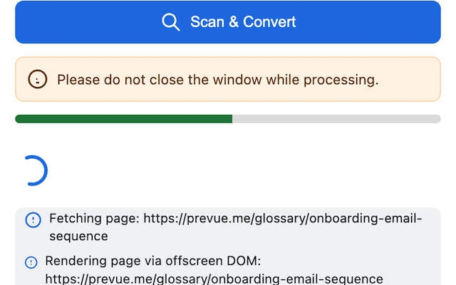 A screenshot of the extension's popup showing a progress bar, indicating that the webpage content is being converted.