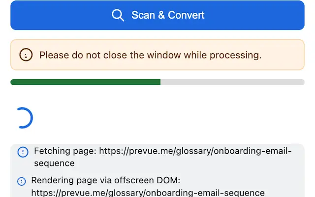 A screenshot of the extension's popup showing a progress bar, indicating that the webpage content is being converted.