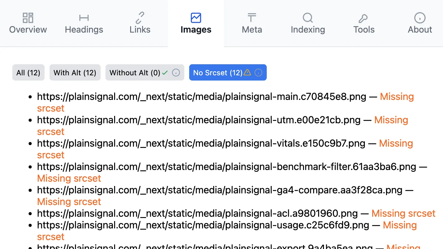 Screenshot of the SEO Audit Images tab.